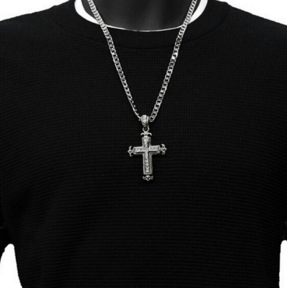 Mens Silver Iced Out Cross Pendant Chain
